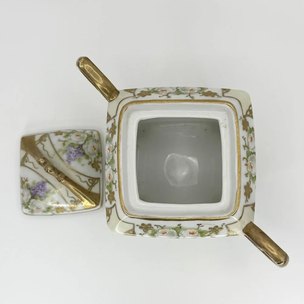 Vintage Silesia Porcelain Sugar Bowl with Lid Gold Gilt Floral Design‎ Coquette